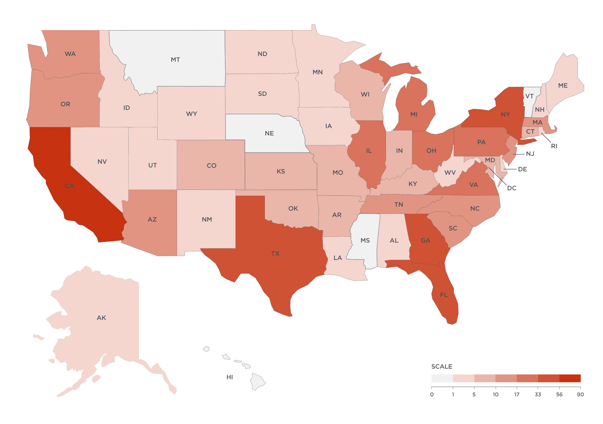 Map of the US indicating location of BEC actors