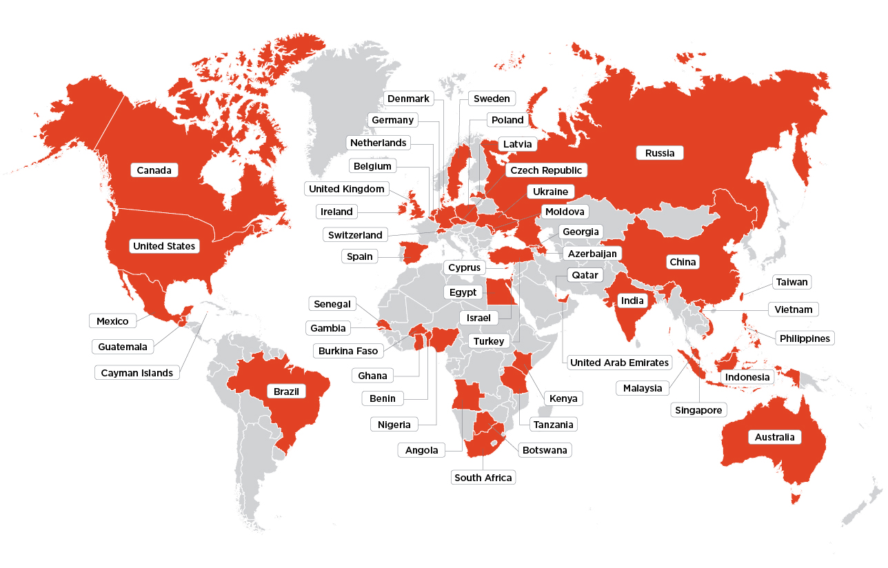 Flat map of the globe showing location of BEC actors